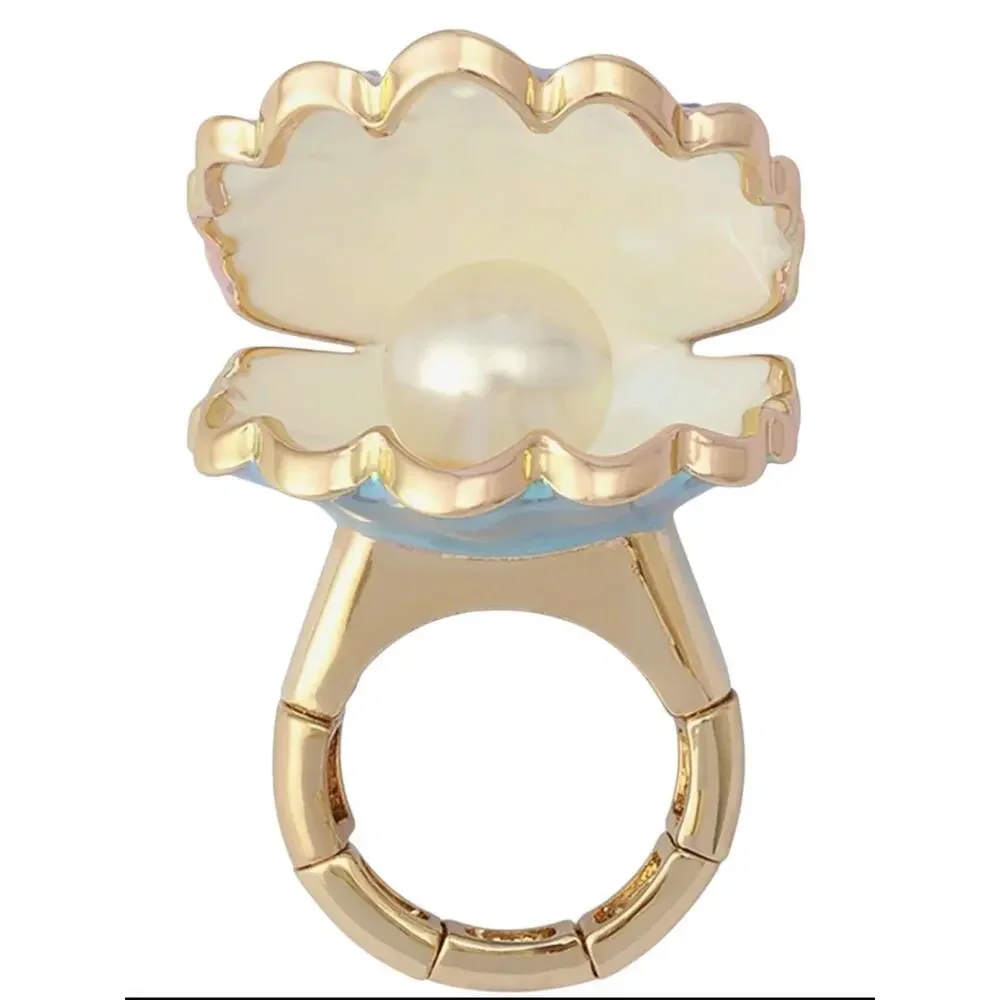 Betsey Johnson Clam Shell Stretch Cocktail Ring Gold Tone Blue Crystal Pearl